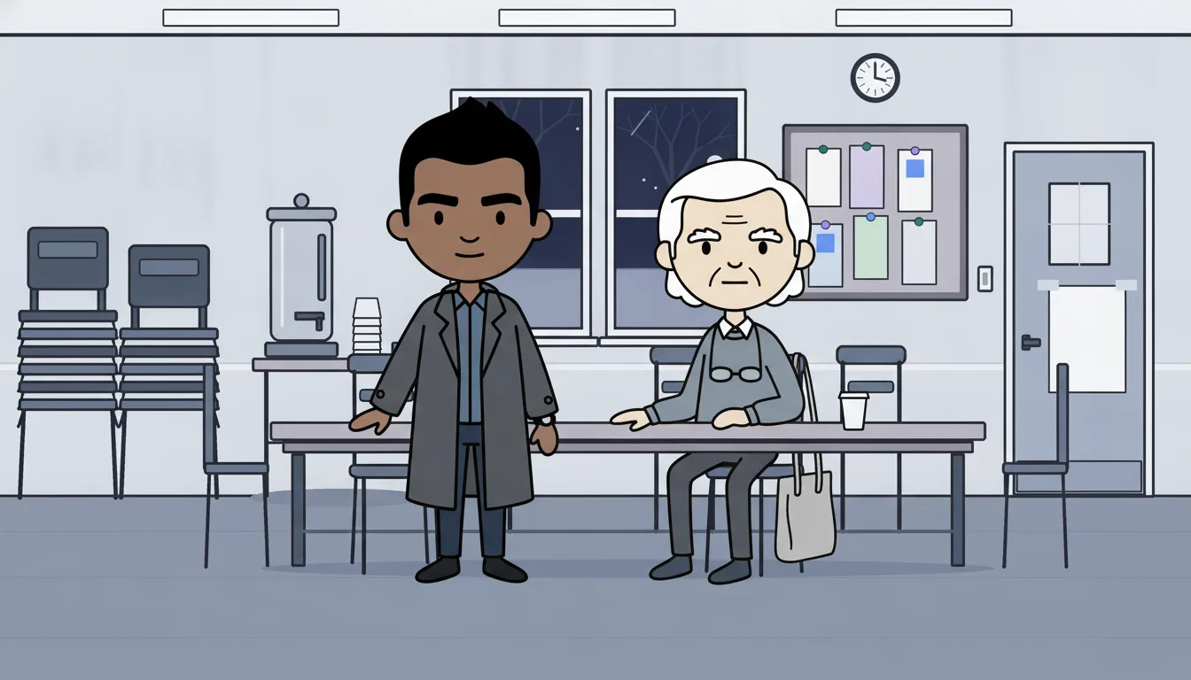 Dev, in his coat, arrives at the library table where Walt sits with the book open.