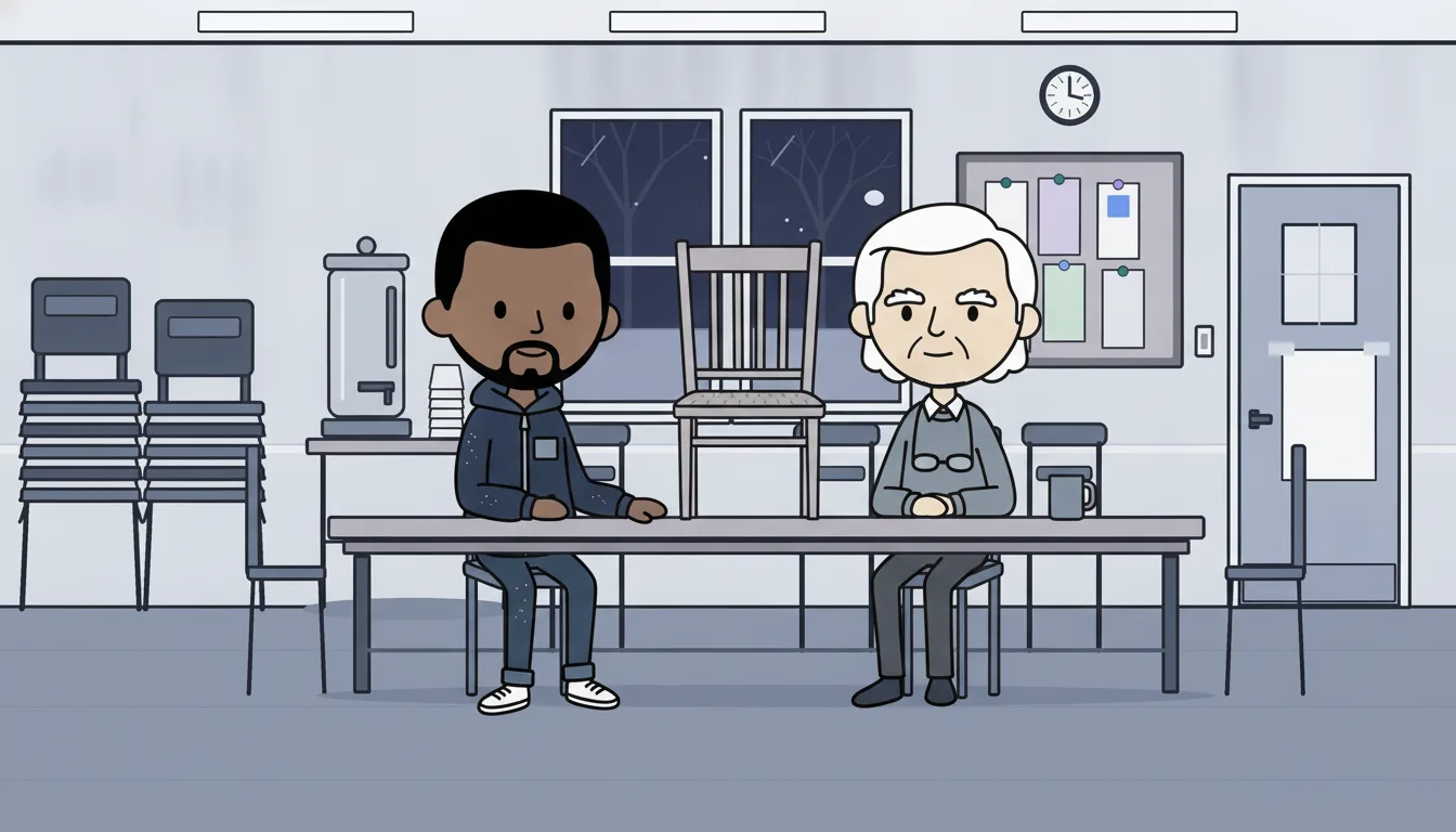 Dez and Walt at the library table, a chair from the craft fair between them.